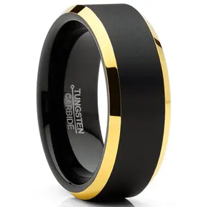 Mens Tungsten Ring Black Goldtone Wedding Band Beveled Edges Comfort-fit 8MM