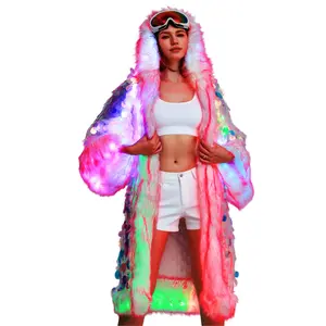 Plus Size Women's Hooded Longline Faux Fur Coat with Pink Sequin LED Light-Up Detailing Fall Winter Warm Cozy Trendy Outfit for Music Festivals & Parties Battery Not Included
