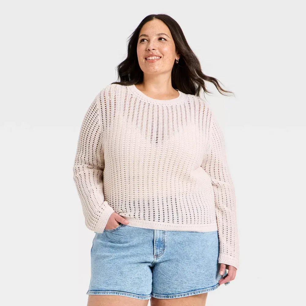 Universal Thread Women's Crochet Openwork Crewneck Knit Sweater - Cream