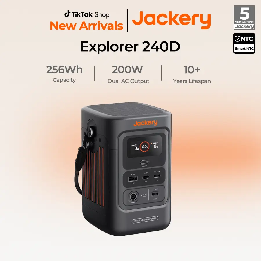 Jackery Explorer 240D Power Bank, 256Wh LiFePO4 battery, 200W DC output (with portable cable), 3 USB-C ports and 1 USB-A port, 2-in-1 USB-C wrist strap cable, supports fast charging for outdoor use, travel, and emergencies [Summervibes]
