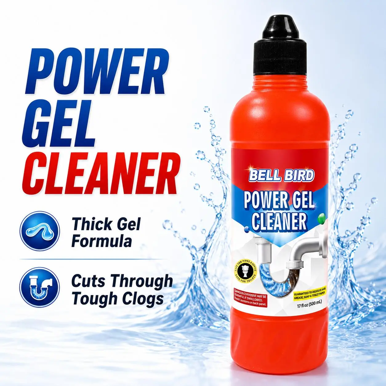 Bell Bird Heavy Duty Power Gel Drain Cleaner – Penetrating Clog Remover & Biofilm Odor Eliminator for Kitchen Sinks, Showers, PVC Pipes & Septic Systems