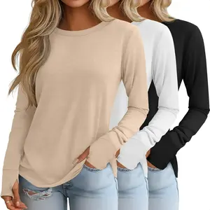 3 Pack Women's Long Sleeve Shirts with Thumb Holes, Cotton Casual Crew Neck Tunic Tops Fall Loose Y2k Trendy Outfits