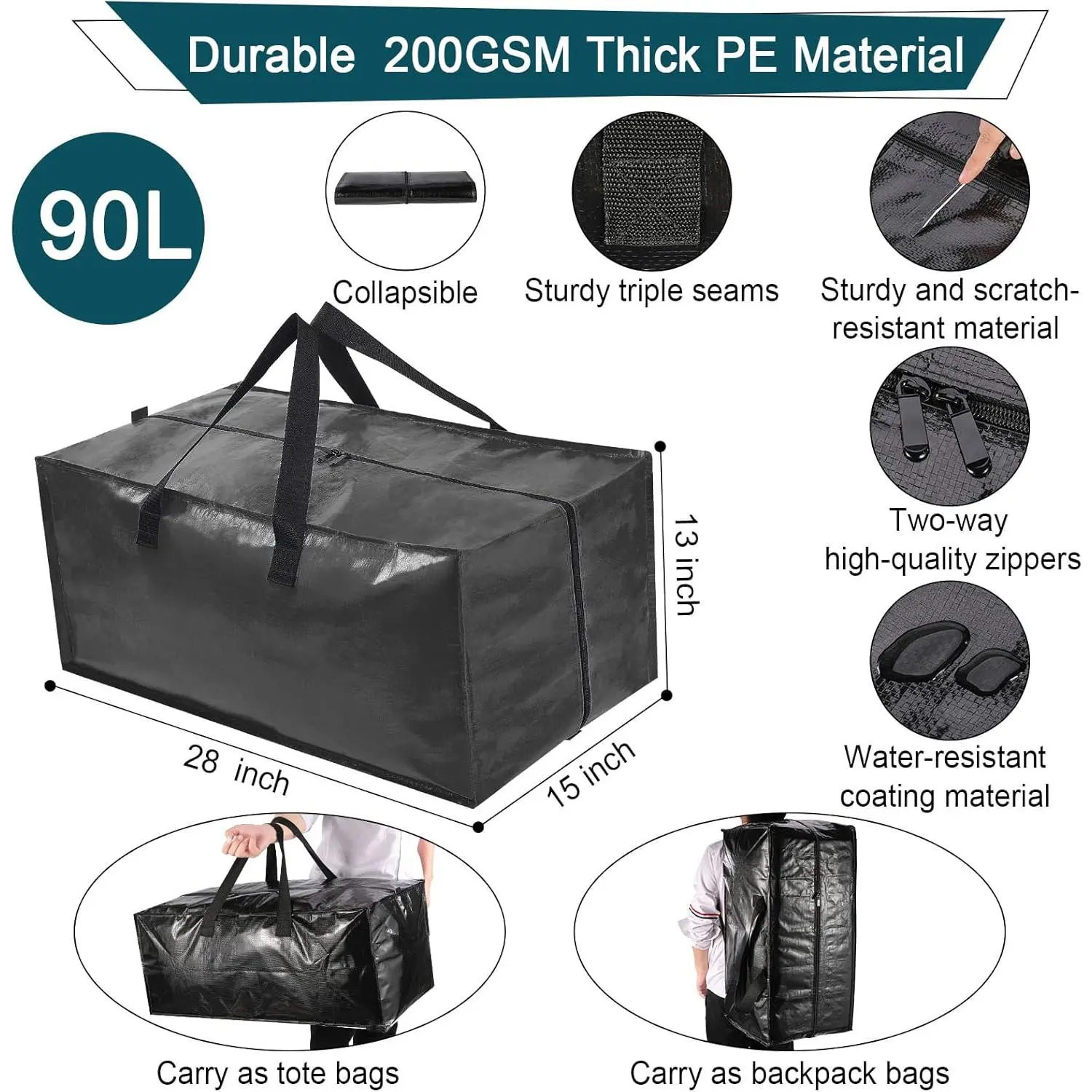 Moving Bags 90L - 4 Black Heavy Duty Extra Large Storage Bags for Clothes - Packing Bags with Backpack Straps Strong Handles Zippers - College Travelling Christmas Storage Moving Totes