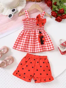 Girls' Summer Set, & Plaid Ruffle Strap Dress + Polka Dot Pleated Shorts, Cute Ladybug Bow Decor