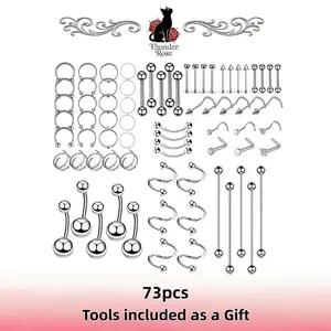 73-Piece tongue ring Multi-Purpose Surgical Steel Body Piercing Jewelry Set, Durable Stainless Steel Accessories, Multi-Style  & Barbells, Suitable for Piercings at Ears, Nose, Lips & Belly Buttons