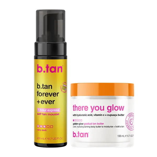 b.tan Everlasting Tan Bundle | Forever & Ever Ultra Long Lasting Self Tanner Mousse, There You Glow Gradual Tanning Body Butter | Lasts Up to 11 Days, Fast, Express Sunless Tanning Foam, Dark Bronze Glow, Gradual Glow Butter, Tan Extender