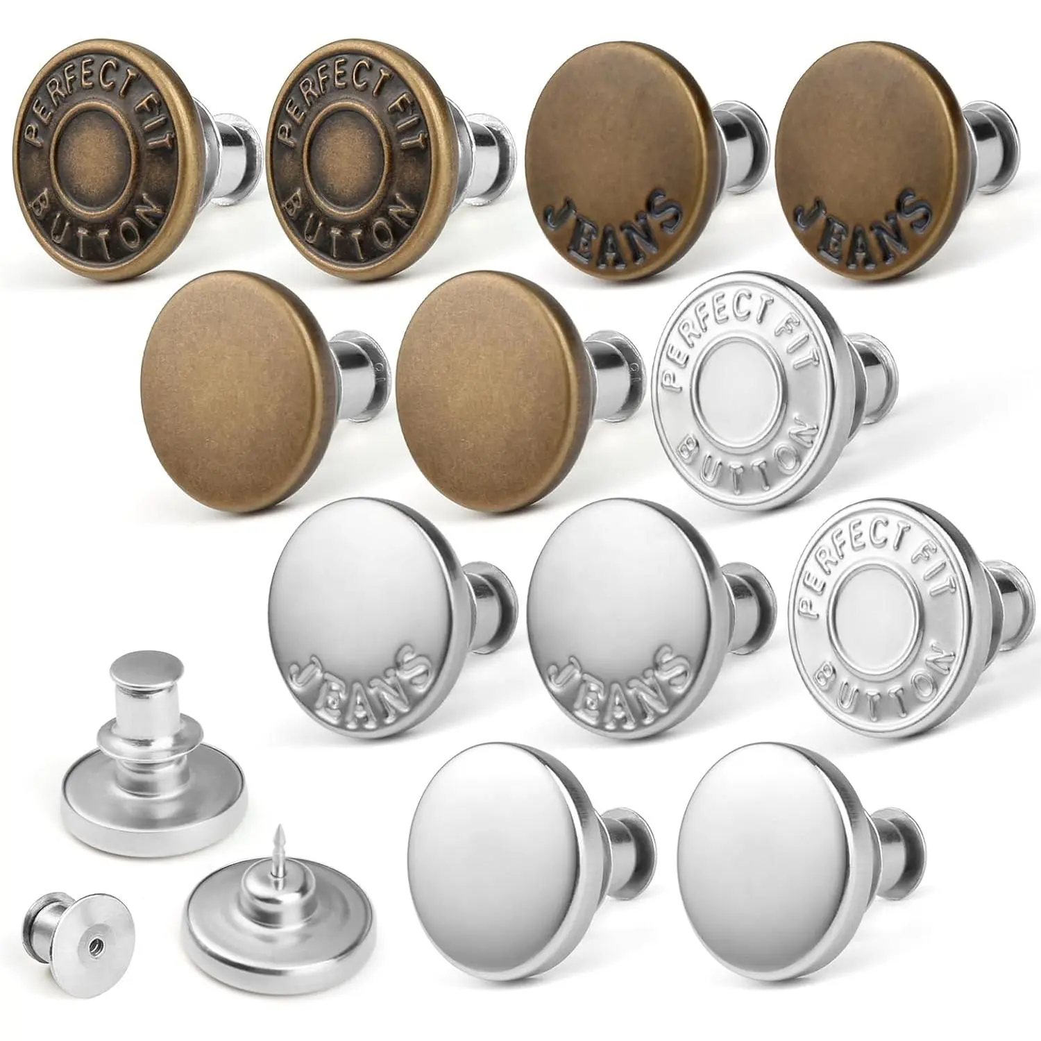12 count Jean Button Pins for Loose Jeans, No-Sew Nailess Removable Metal Jeans Buttons ,  and Adjustable Clothes Buttons