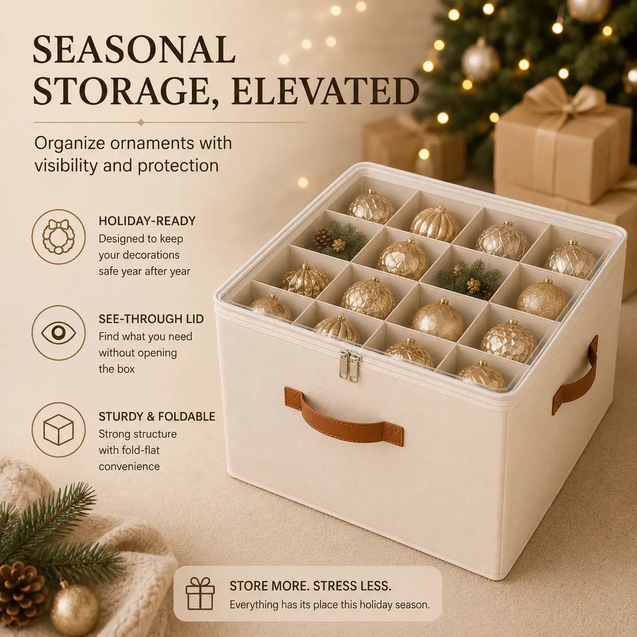 Premium Christmas Ornament Storage Box with Dividers Collapsible Holiday Decoration Organizer Clear Window Dual Zippers Durable Fabric Container for Baubles Crafts Beige Gray