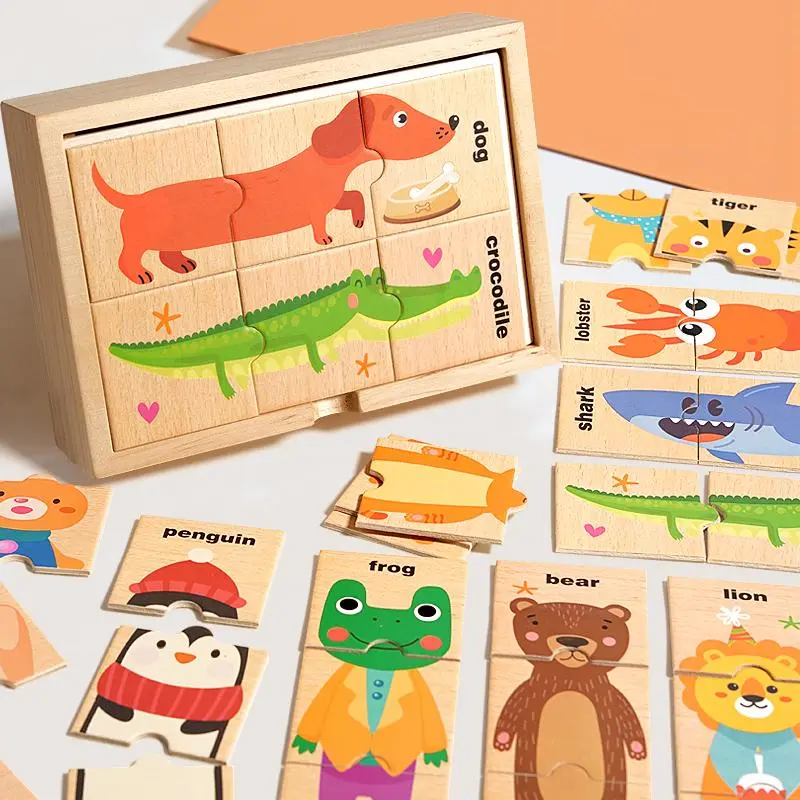 Wooden Cartoon Animal Puzzle Toy, 1 Set Animal Pattern Puzzle Game, Early Education English Word Recognition Puzzle Board Gift Set, Animal Shape Puzzle, Wooden Puzzles