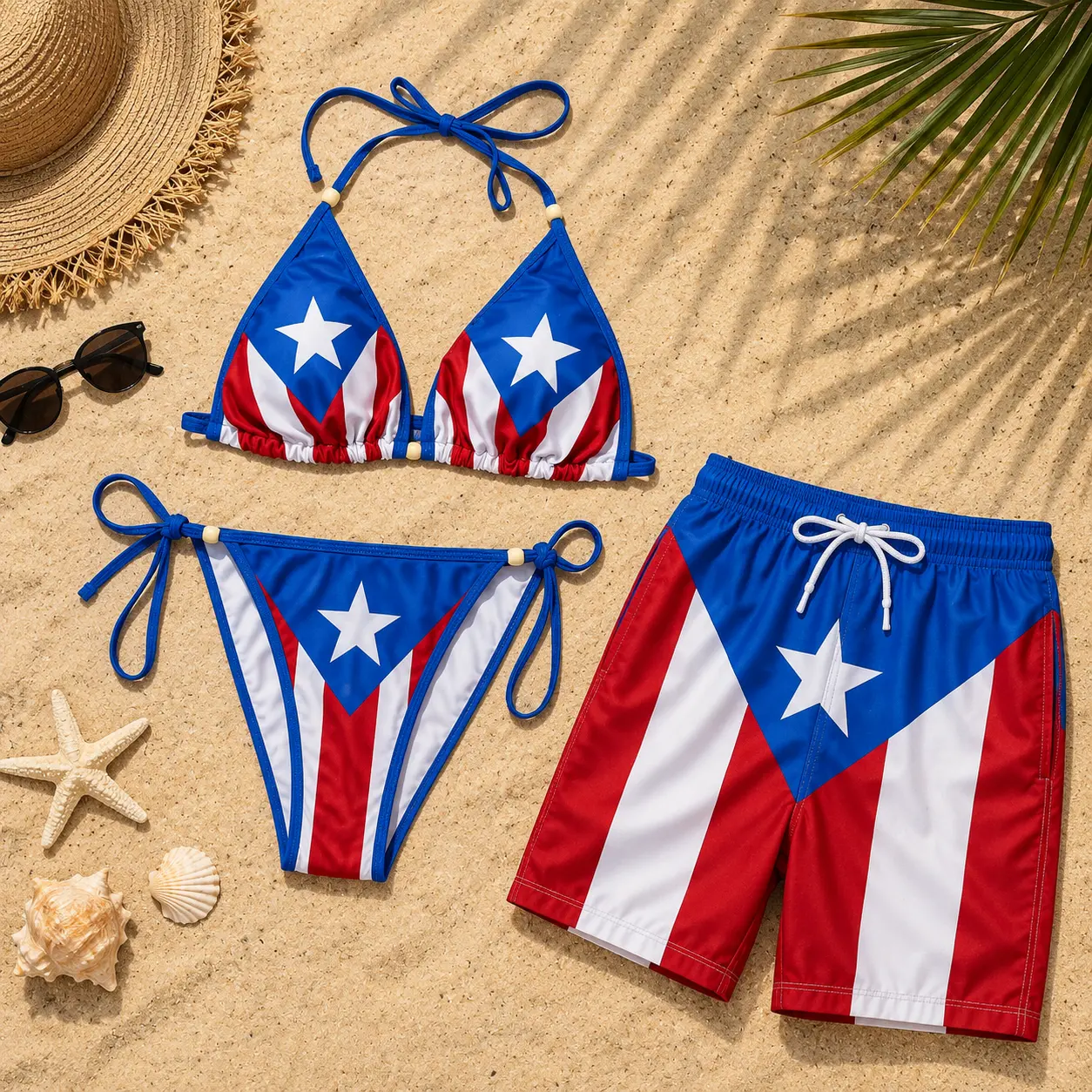 Puerto Rico Flag String Bikini Set, Women’s Triangle Tie Side Swimsuit, Caribbean Beach Vacation Swimwear, Summer Pool Party Outfit