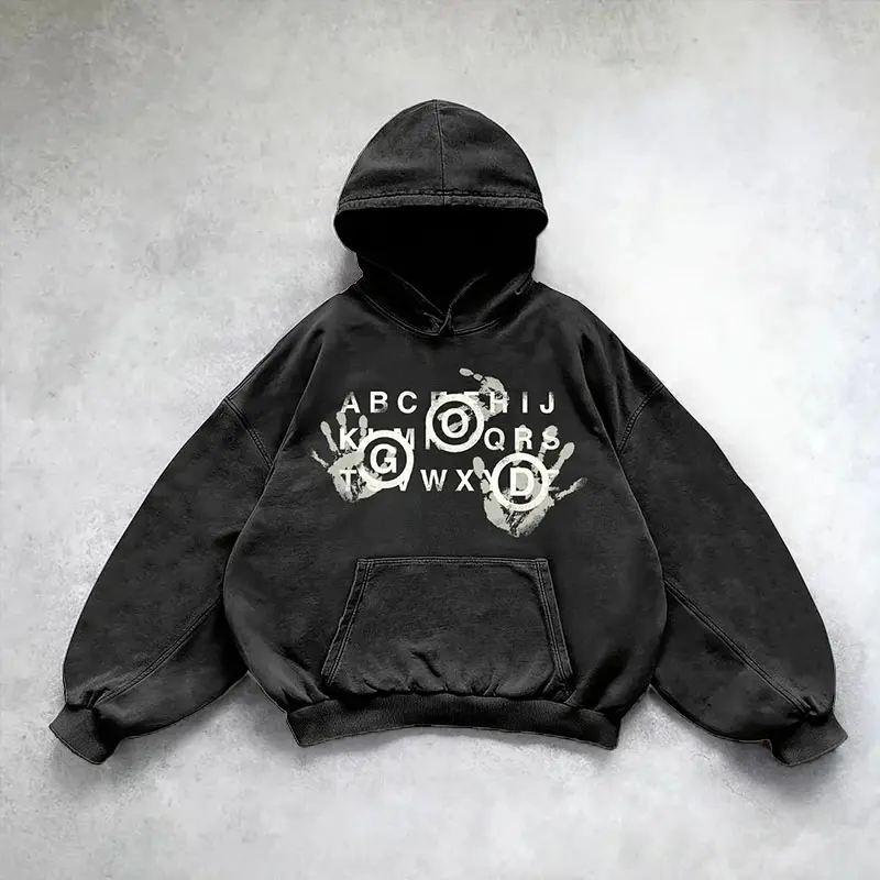 God Mystery Alphabet Graphic Hoodie Unisex Oversized Vintage Washed Spooky Streetwear with Distressed Handprint Long Sleeve Casual Y2K Style