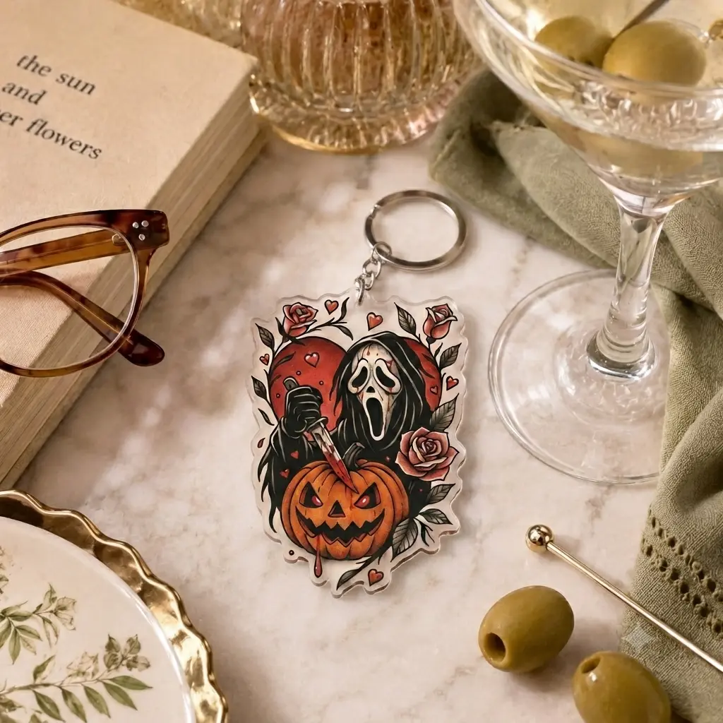 Spooky Horror Movie Killer Acrylic Keychain Pumpkin Rose Pendant Clear Bag Charm Aesthetic Accessories Gift