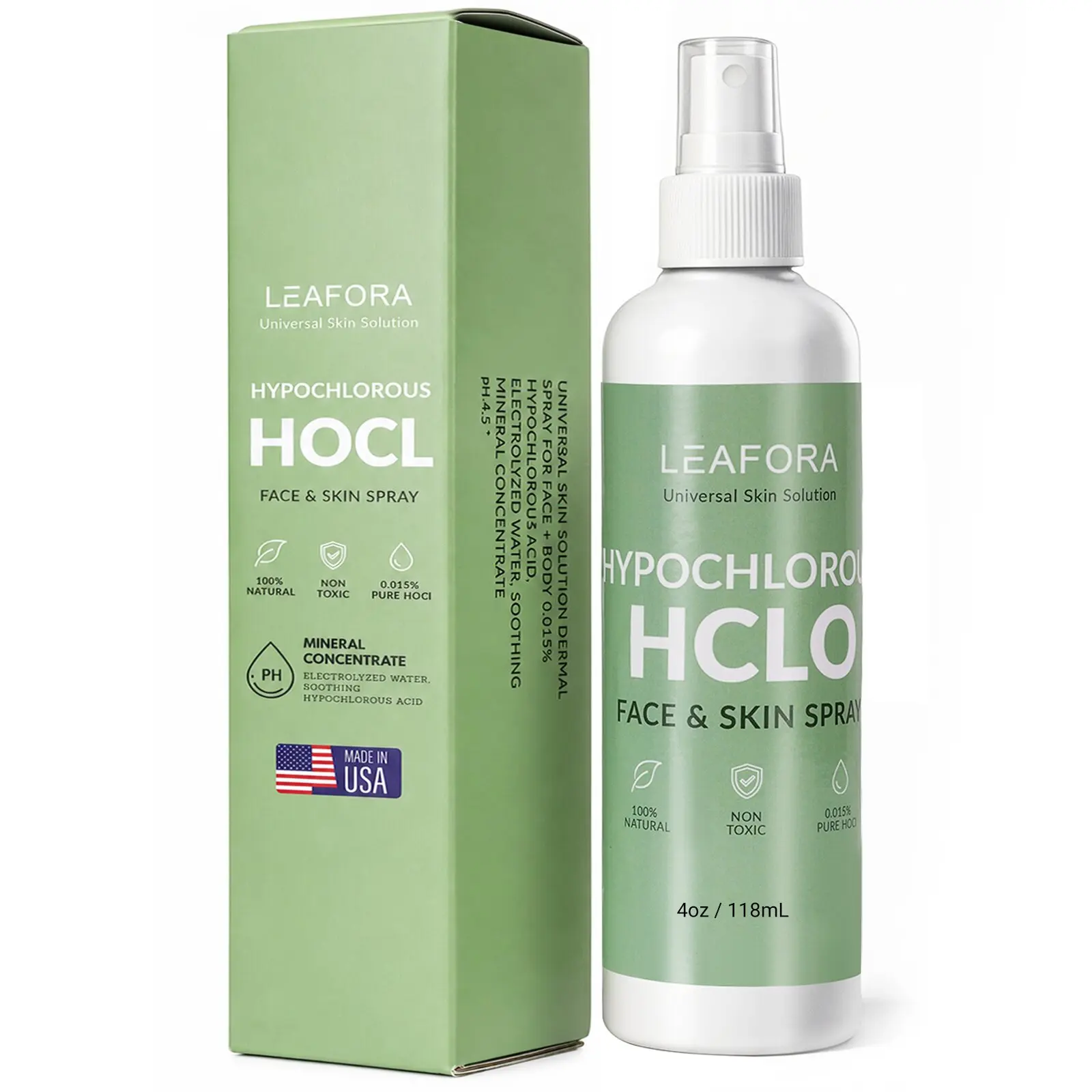 LEAFORA Hypochlorous Acid Spray for Face & Skin, 0.015% HOCl Mist, Alcohol-Free & Fragrance-Free, Post-Workout Refresh, Tattoo & Piercing Care