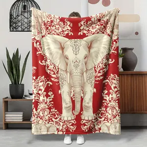 Elephant Flannel Throw Blanket, Hand-Drawn Boho Mandala Pattern Soft Warm Cozy Blanket, Red Statement Piece for Sofa Bedroom, Gift for Her Mom, Nap Blanket for Office Travel, Exotic Decor