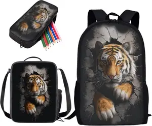 Tiger Print 3-Piece Backpack Set for Teens Boys - Large Capacity School Bookbag, Lunch Box, Pencil Case for Travel Hiking