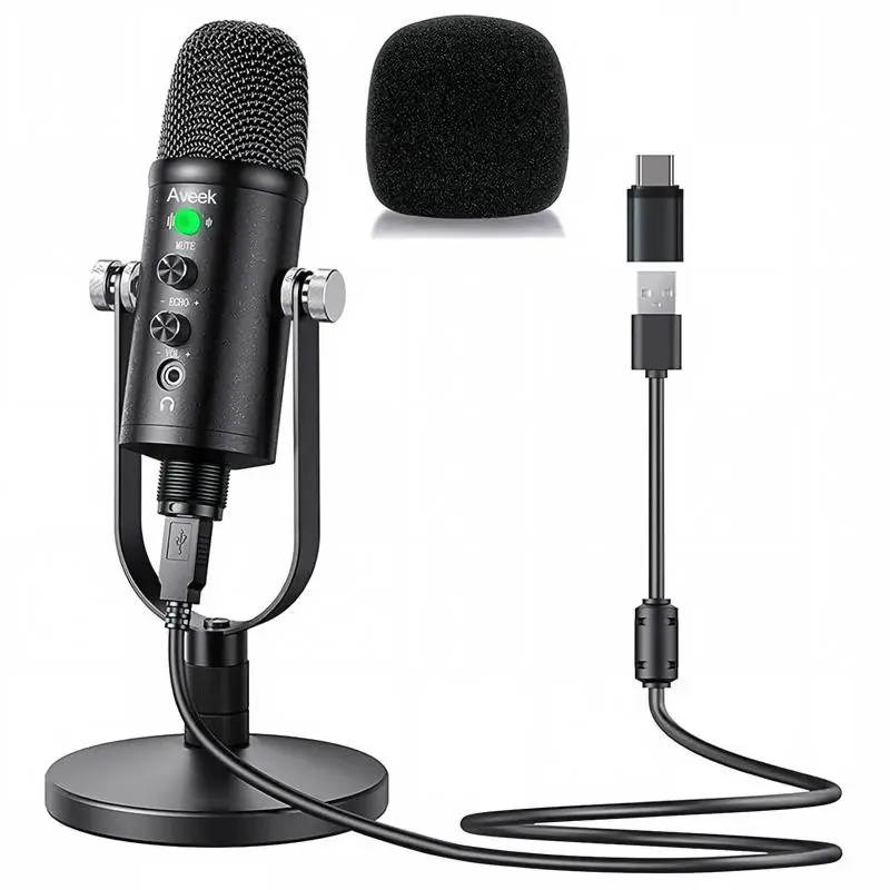 Aveek USB Microphone, Condenser Microphone for Phone, Mac,Computer,PS4 and PS5, with Quick Mute,Plug & Play,Cardioid Pickup,Volume Control for Podcast, Recording, Sing, ASMR