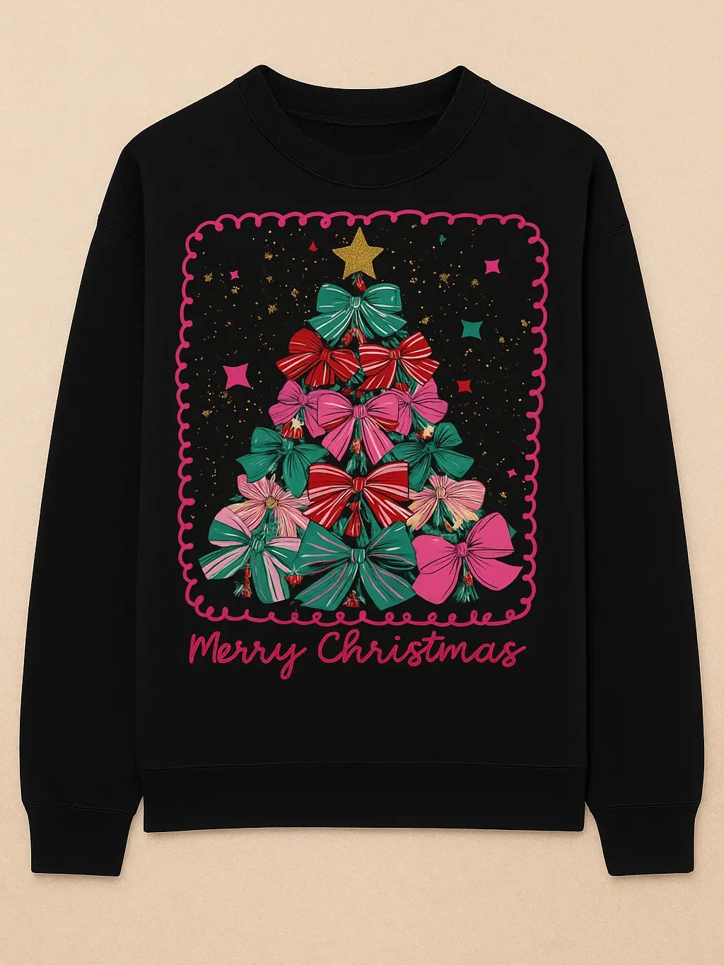 Merry Christmas Tree Pullover Sweater with Festive Bow Design and Star Detail for Holiday Season