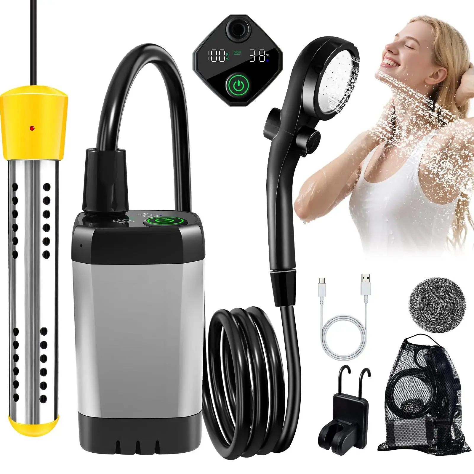 Starocean Portable Shower with Heater,Portable Shower for Camping with 2000W Auto-Off Heater,4 Spray Modes,Lasting 140 Mins,Led Display,Portable Shower Pump,Outdoor Shower for Camping,Hiking,Travel,Car,Pet