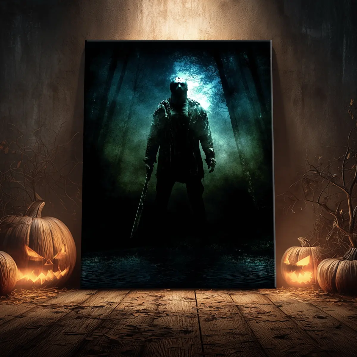 1 Count Wooden Framed Canvas, Horror Jason in the Forest, Halloween Decorative, Horror Poster, Party Hanging Picture, Modern Art, Art Work For Wall Decor, Wooden Wall Art For Home Decor, Ideal Gift, Waterproof, Print