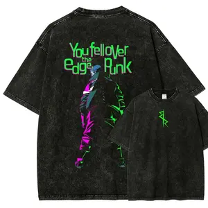 Cyberpunk Edgerunner Men's Fitted Vintage Round Neck Washed Short-Sleeve T-Shirt - Unisex Activewear for Everyday Wear