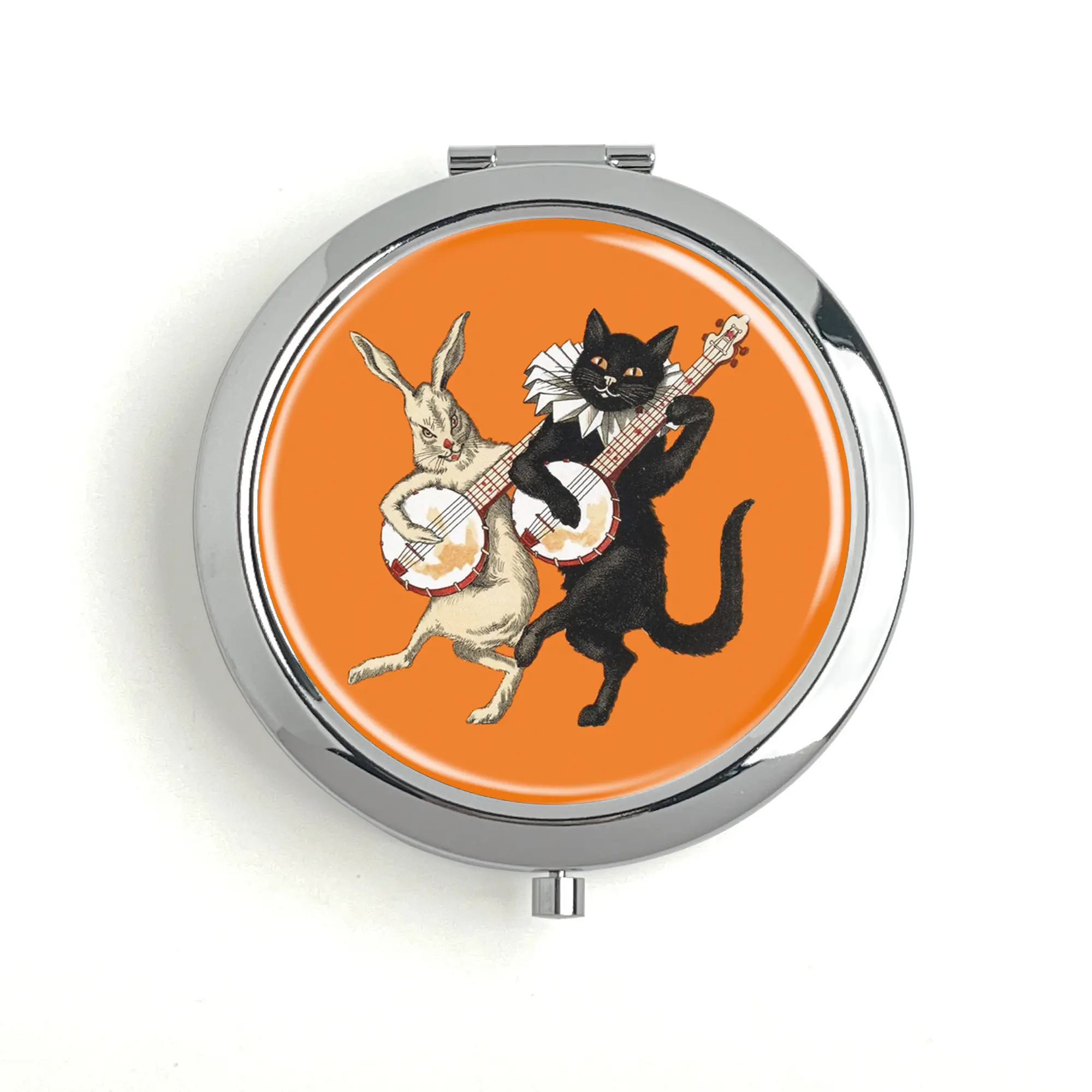 1896 Best Cat Playing Mandolin Pill Box Travel Pill Box Vitamin Storage Box Metal Makeup Mirror with Unique Design