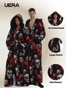 Skull Christmas Series Loose Fit Hooded Bathrobe, Elegant Casual Home Sleepwear, Loungewear, with Pockets, Long Sleeve, Fall & Winter Gift