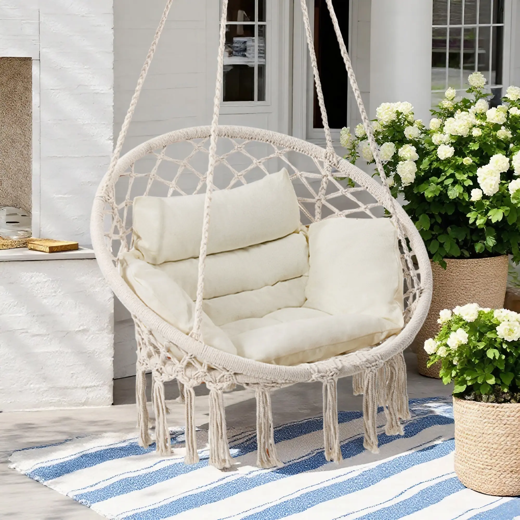 Macrame Hammock Chair, Hanging Chair for Bedroom, Indoor-Outdoor Swing Chair for Teens and Adults [Black Grey White] summergarden