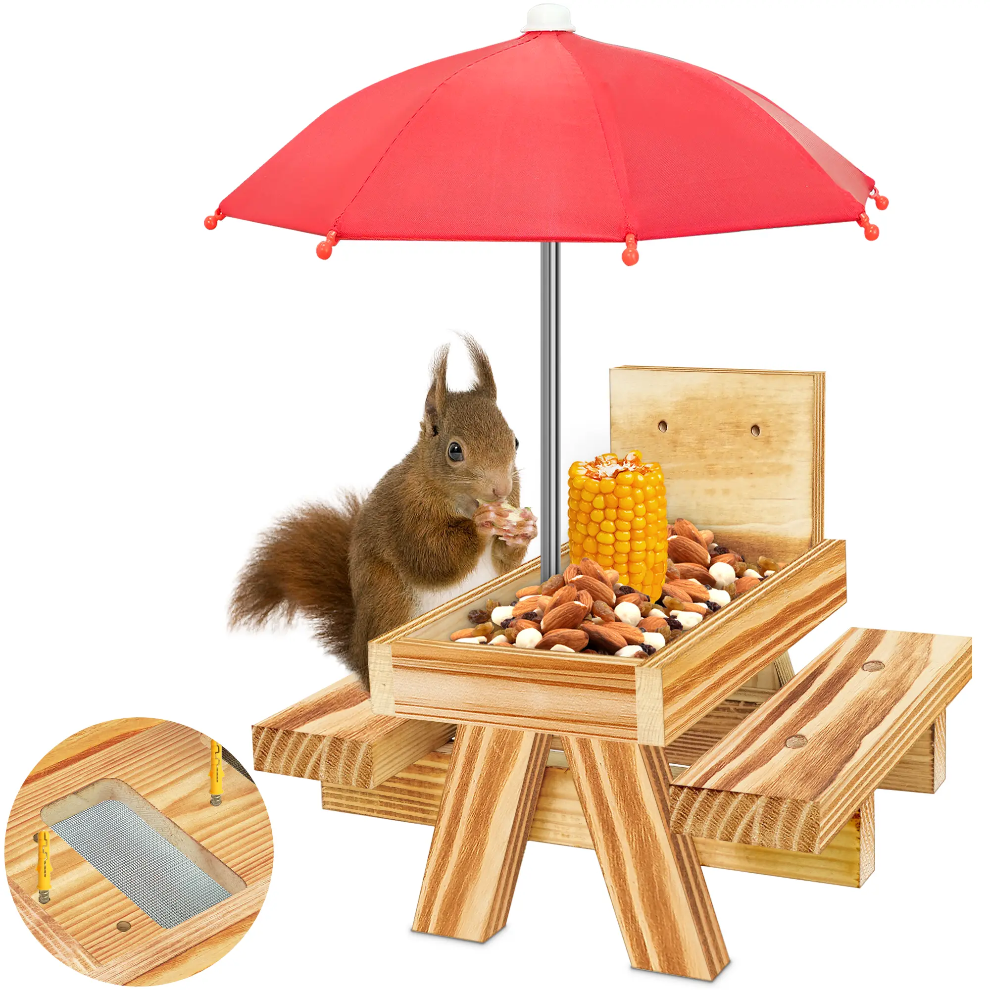Carbonized Wood Squirrel Feeder with Umbrella, Waterproof Outdoor Feeder with Solid Structure, Funny Picnic Table Tray Design, Corn Cob Holder for Squirrels and Chipmunks