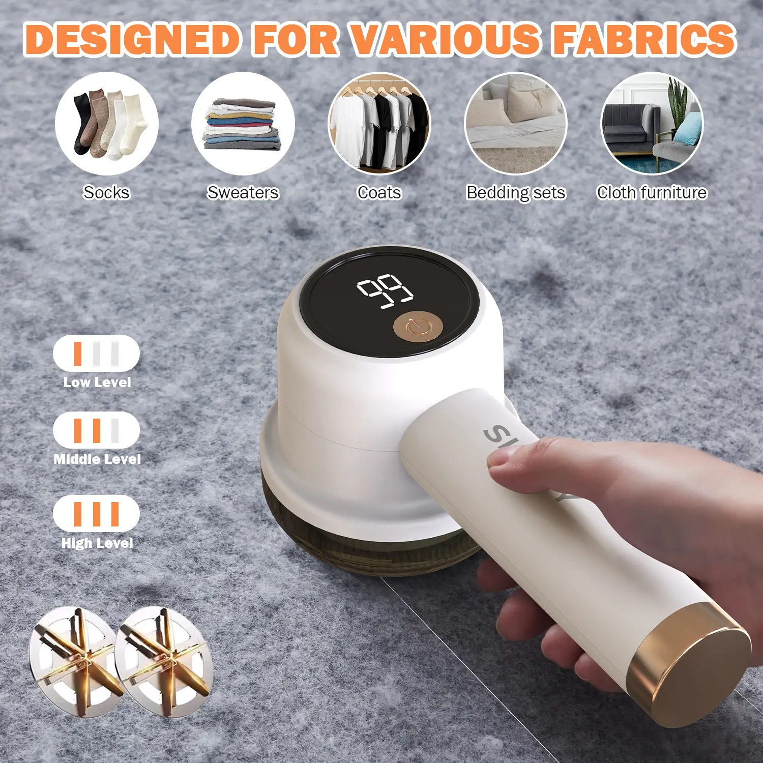 Rechargeable Fabric Shaver with 2 Replaceable Stainless Steel 6-Leaf Blades(1 Free Extra Included) | Lint Remover with 3-Speed Settings & LED Display