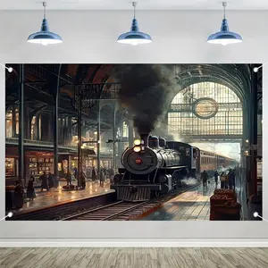1pc 2D Flat [vintage Train Station Tapestry] Polyester Vintage Train Station Tapestry Wall Hanging | Ideal for Living Room, Bedroom, Office, or Classroom Decor - Parties, Weddings, Birthdays, and Holiday Celebr