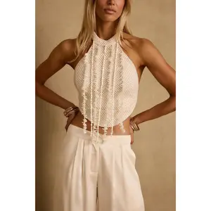 Daya Ivory Shell Embellished Halter Top