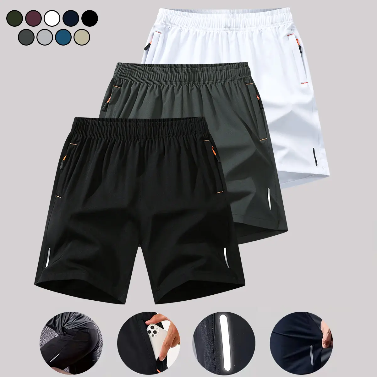 Vv Selection — Men’s lightweight reflective running shorts, quick-dry athletic shorts; breathable fitness training shorts with reflective stripes; fitness shorts suitable for night running.