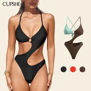 CUPSHE TikTokShopSpringGlowUp O-Ring Cutout Monokini One-Piece Swimsuit Bikinisuit- Deep V-Neck & Waist-Defining Cross Tie Back swimwear | 2026 Glam Pool Party Must-Have