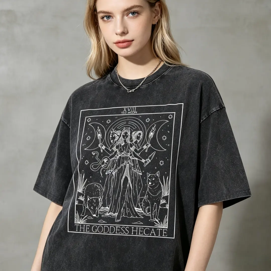 Women's "The Goddess Hecate" Tarot Moon Graphic Print Casual Loose Round Neck Top, Oversized Vintage Washed 100% Heavyweight Cotton Short-Sleeve Tshirt, Summer Witchcraft Mystical Streetwear