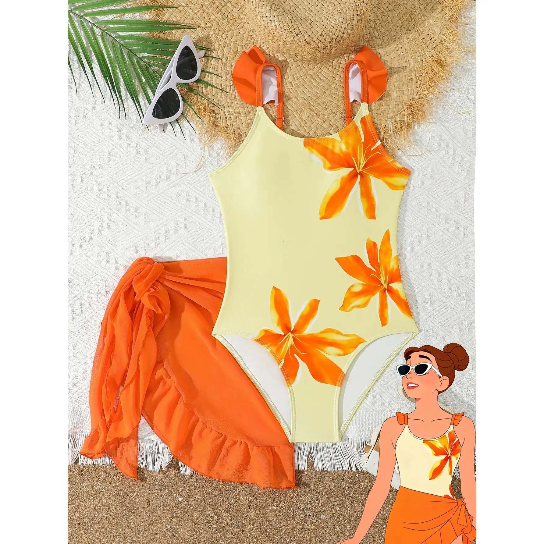 Tween Girls Floral Printed 1pc Swimsuit, Elevated Style for Summer Holiday & Beach Tween Girl Swimsuit Orange Swimsuit Swimsuits for Tweens Tween Girl Ruffle Swimsuit Tween Swimwear with Sarong Beach Dress