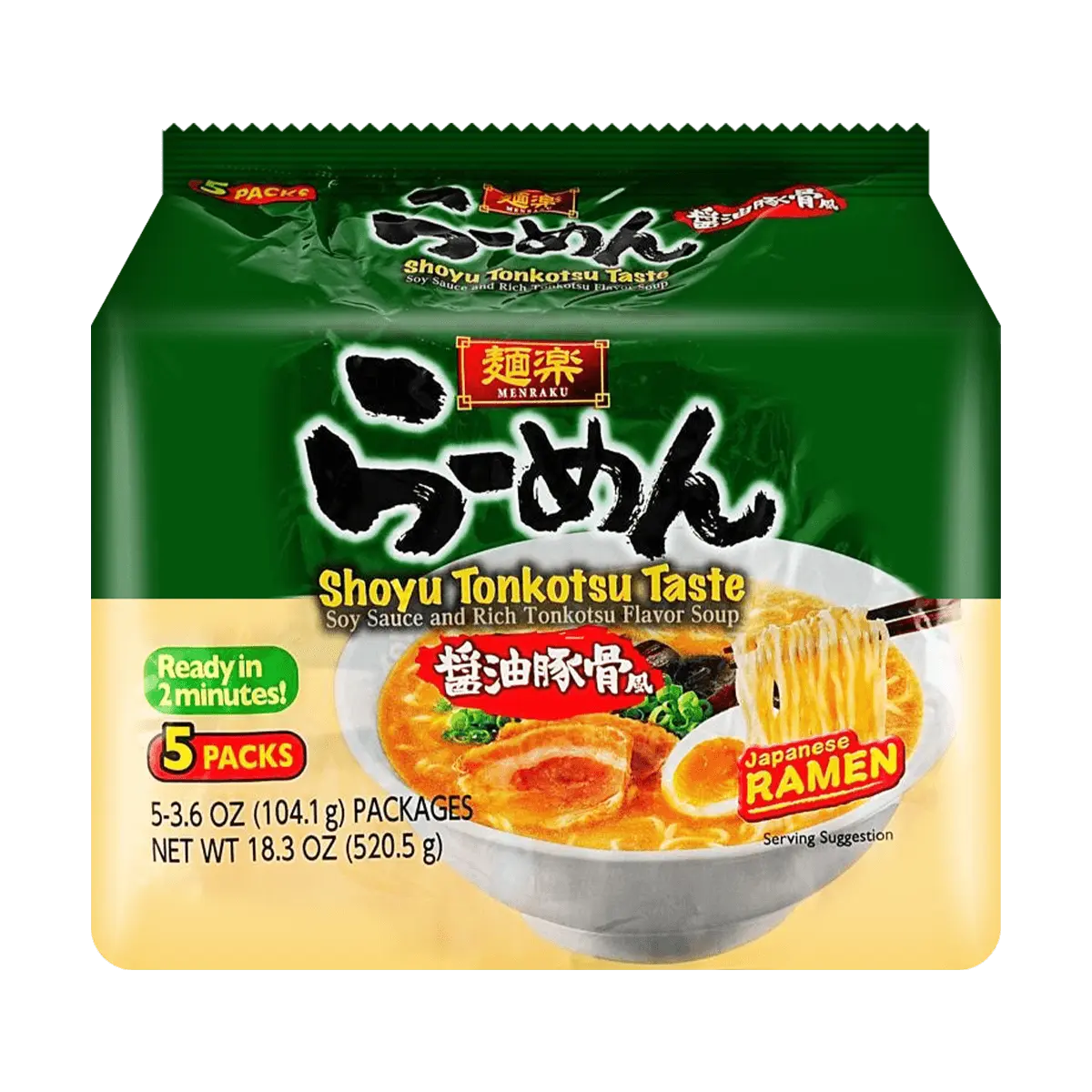 HIKARI Menraku Japanese Ramen - Soy Sauce Tonkotsu Flavor, 5-Pack (520.5g) - Authentic Instant Noodles