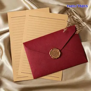 Letter Paper & Envelope Set, 16pcs/set Including 3 Counts Envelope & 10 Counts Letter Paper & 3 Counts Wax Seal, Invitation Envelope for Holiday