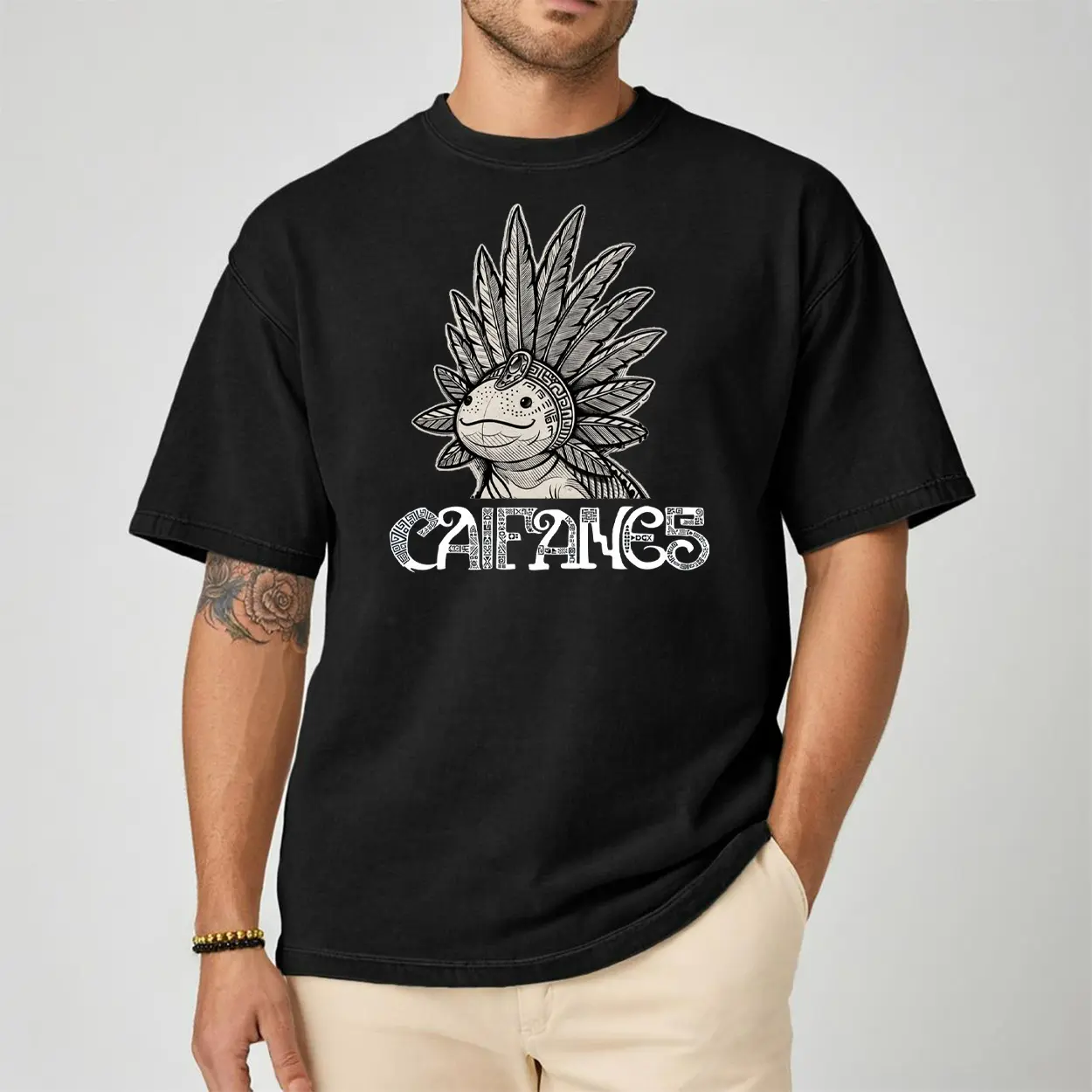 Caifanes Feathered Frog Aztec Art Comfort Color Letter Printed Tee Ring-Spun Cotton Soft-Washed T-Shirt Trendy Tops Perfect Gift