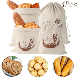 4 Pcs 2 Sizes Linen Bread Bags,Reusable Container Bread Bag with Drawstring, Bread Bag Storage Fresh,for Bread, Baguette