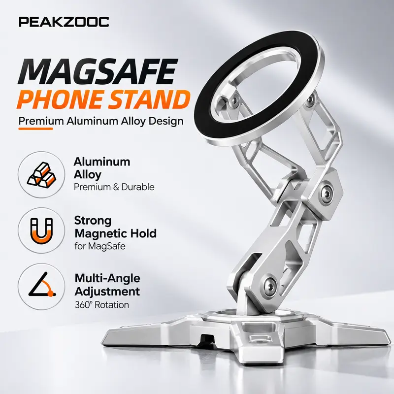 【DealsForYouDays】Aluminum Alloy Magsafe-Compatible Mini Mobile Phone Mount, Foldable Strong Magnetic Smartphone Accessory, Multi-Angle Adjustable Selfie Stick for iPhone 18/17/16/15/14/13/12 Series