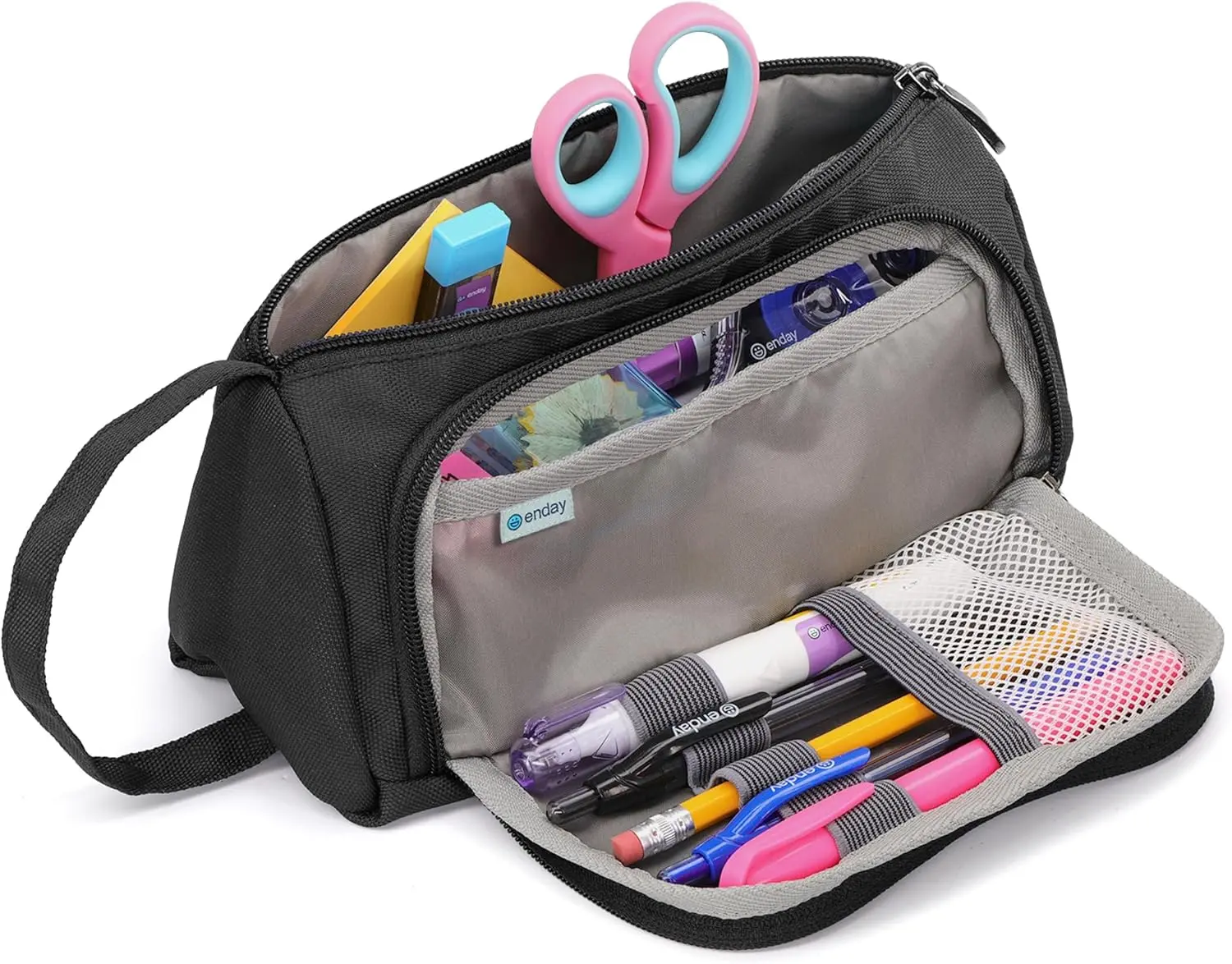 Enday Big Capacity Pencil Case, 3 Compartments Pencil Bags with Zipper, Large Capacity Pencil Pouch, Cute Pencil Case Organizer, Zipper Pencil Pouches, Black