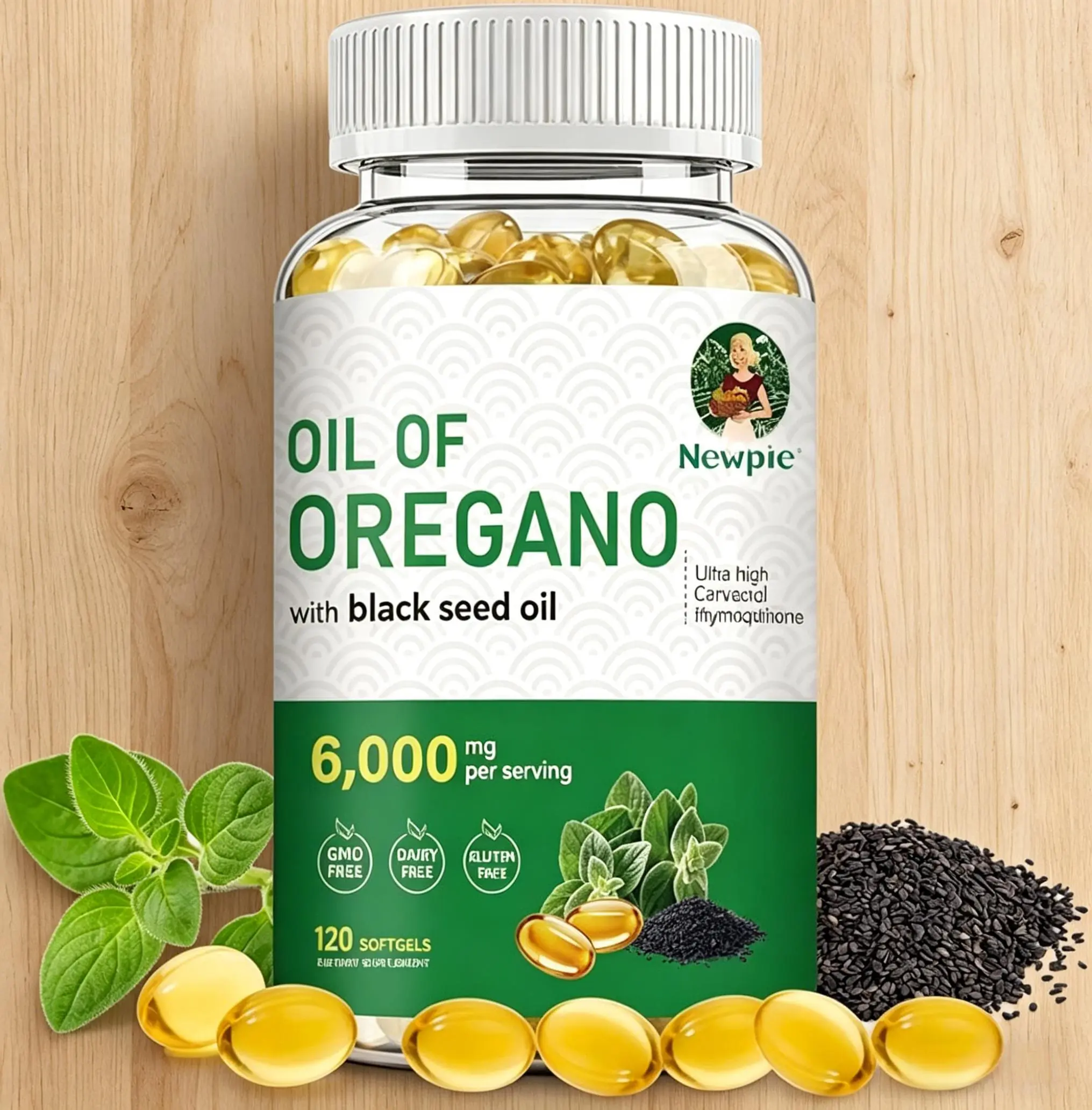 Oregano Oil & Black Seed Oil Supplement for Bloating Relief & Detox - High Potency 6000mg per Serving - Daily Immune & Gut Support - 120 Softgels