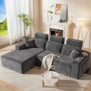Amsleekey 108" Cloud Modular Sectional Sofa with Chaise & Headrest Support System, Deep Seat Corduroy Boneless Couch with 3-Pack Couch Back Extender for Low-Back Sofas (Under 28.5"), Left Facing Grey