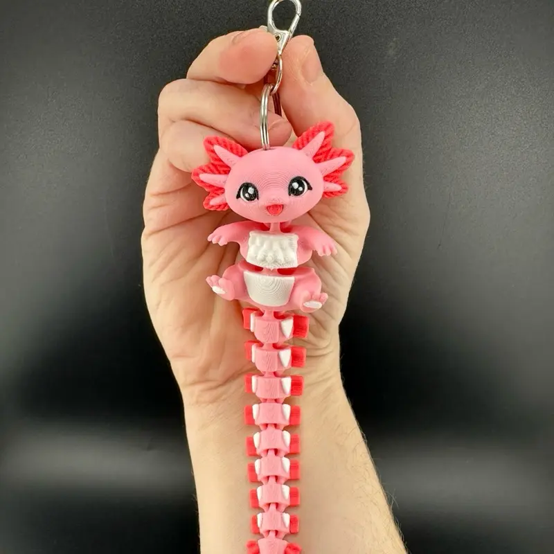 3D Printed Flexi Axolotl Keychain - Unisex Whimsical Animal Keychain, Axolotl Shape Plastic Charm, Stylish Keyring, Kawaii Fashion Accessory for Daily OOTD & Bag Decor