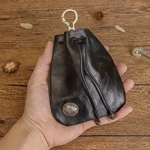 1pc Leather Mini Mid-Century Bag Keychain, Coin Organizer, Coin Holder, Leather Drawstring Bag for Men and Women, Brown, Outdoor
