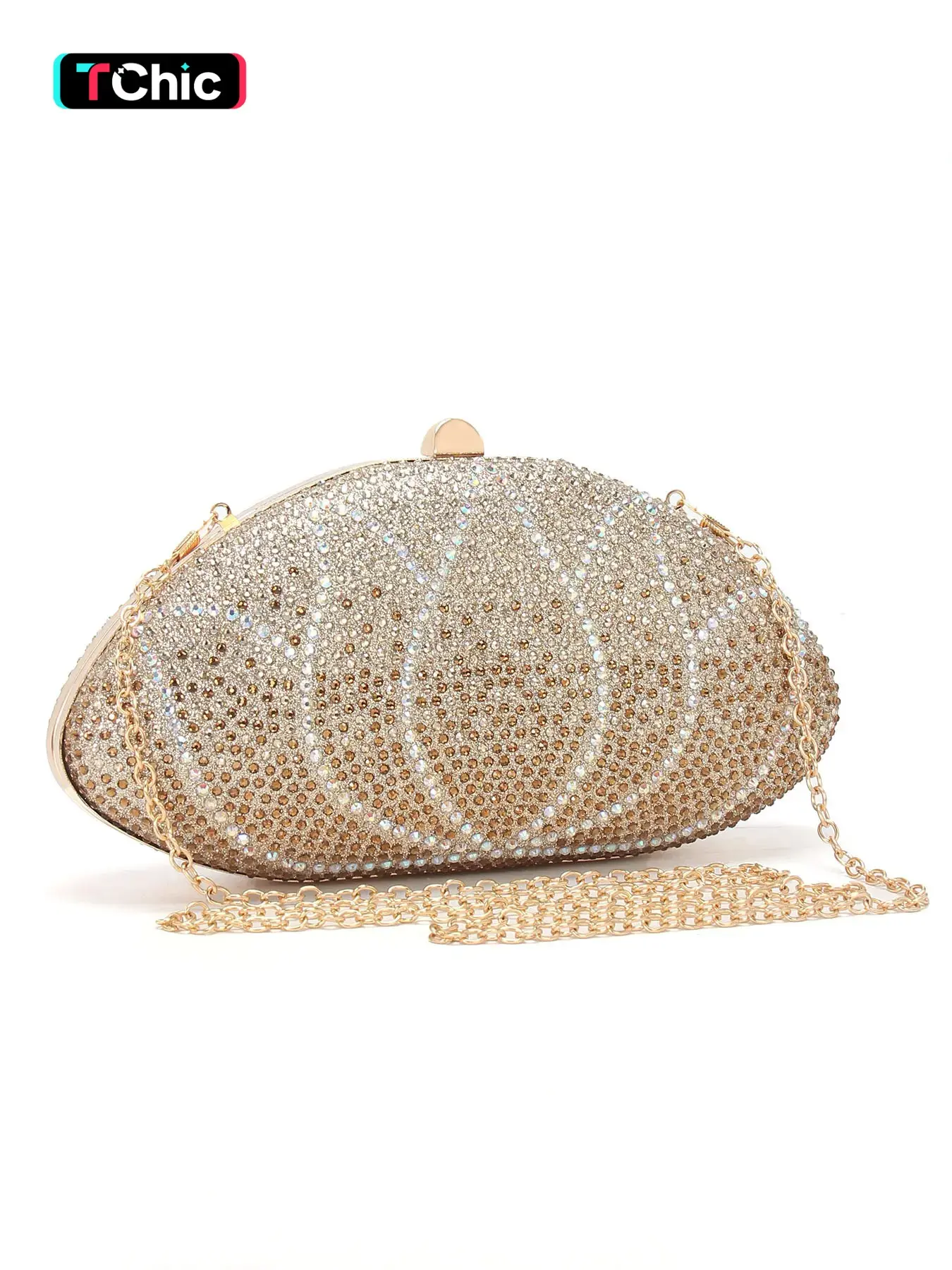 Luxurious shell-shaped full-rhinestone evening clutch, Fashionable Embellished Elegant Clutch, crystal-handled handbag, with chain shoulder strap for crossbody wear, perfect for weddings, dances, and parties, available in multiple sparkling colors