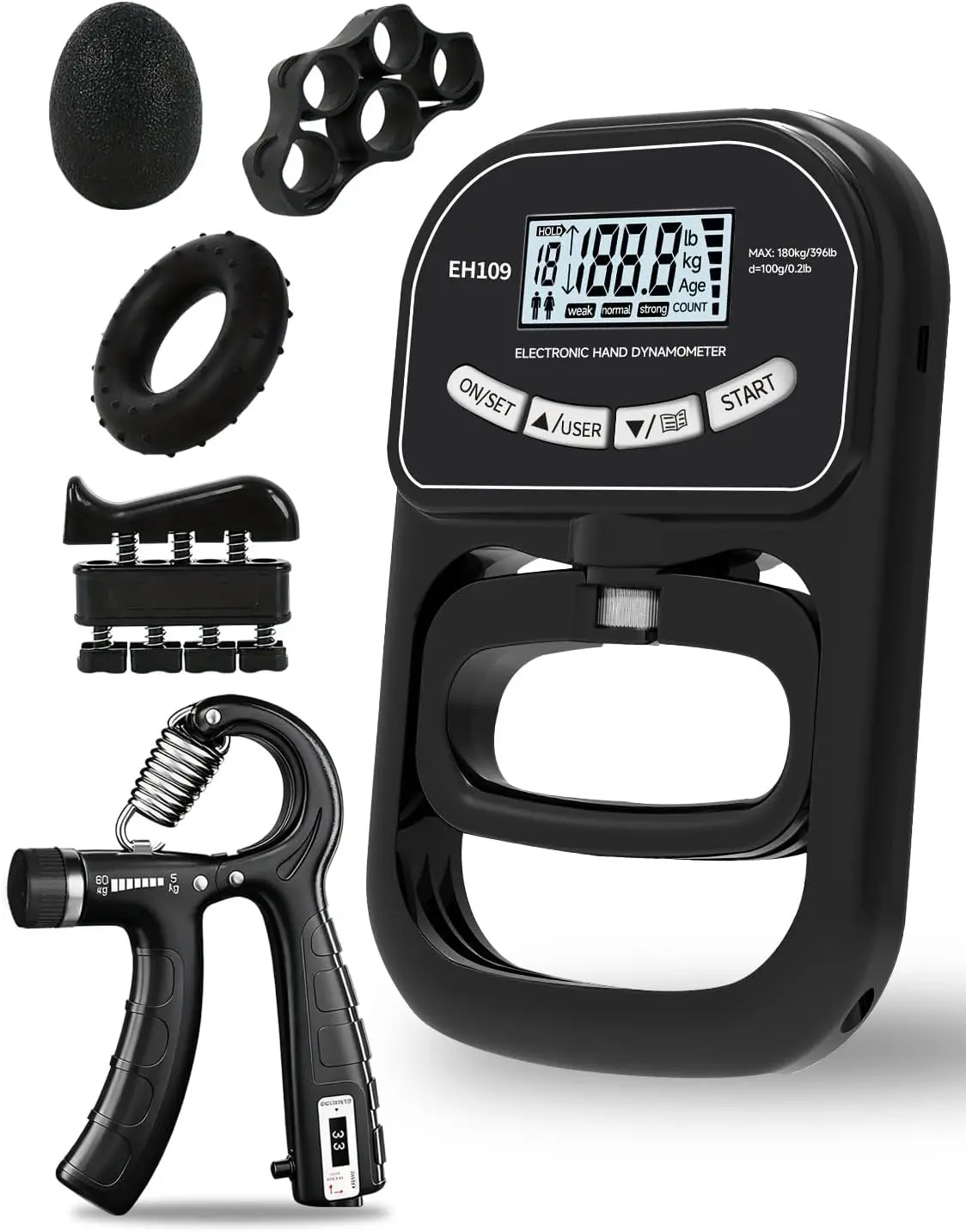 Grip Strength Tester Trainer Electronic Hand Dynamometer of 396lbs/180kg & Grip strengthener with Adjustable Resistance for Sports Home Gym with Digital Display Precision Training for Rehab Fitness