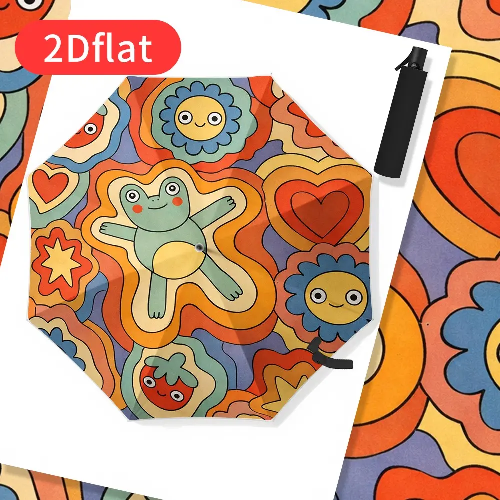 1 Automatic Open-Close Frog Floral Umbrella, 8-Rib Sturdy Canopy, Lightweight and Portable, Durable Iron/Plastic/Satin (210T) Material, Stylish and Cute Accessory for Daily Commute and Travel –