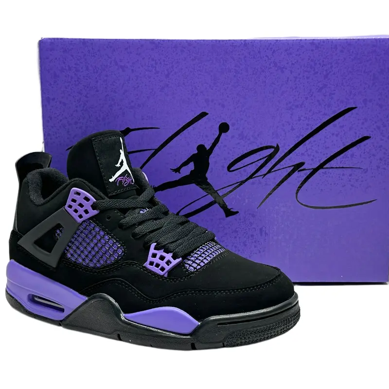Black suede upper violet breathable mesh panels purple rubber midsole hollow plastic lace brackets lace-up high top sneakers cushioned air unit street casual kicks