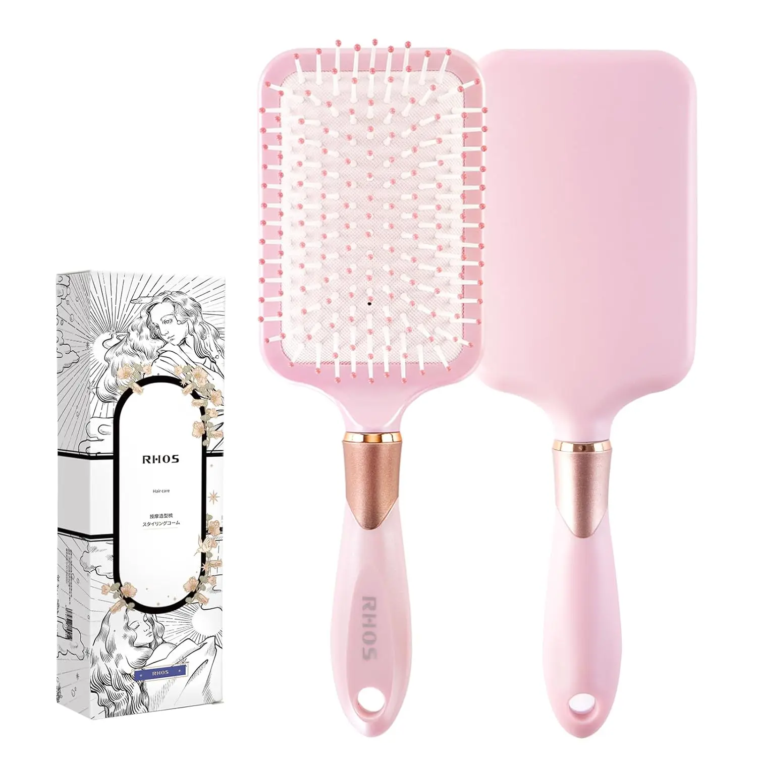 RHOS Nylon Bristles Square Cushion Paddle Brush - Detangler for Women, Thick Curly Long Hair (Wet & Dry Use) - Hair Smoothing Tool, combs, reduces frizz Detangling Hairbrush